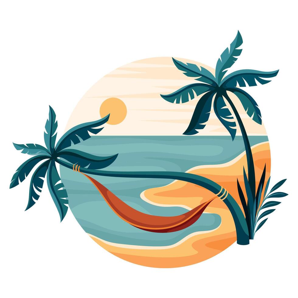 Tropical Landscape with Palm Tree and Hammock in Circle Closeup Illustration vector