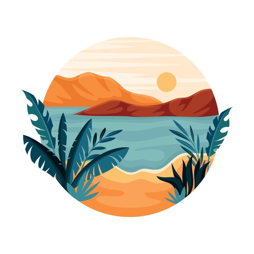 Tropical Landscape with Shining Sun and Sandy Beach with Flora in Circle Closeup Illustration vector
