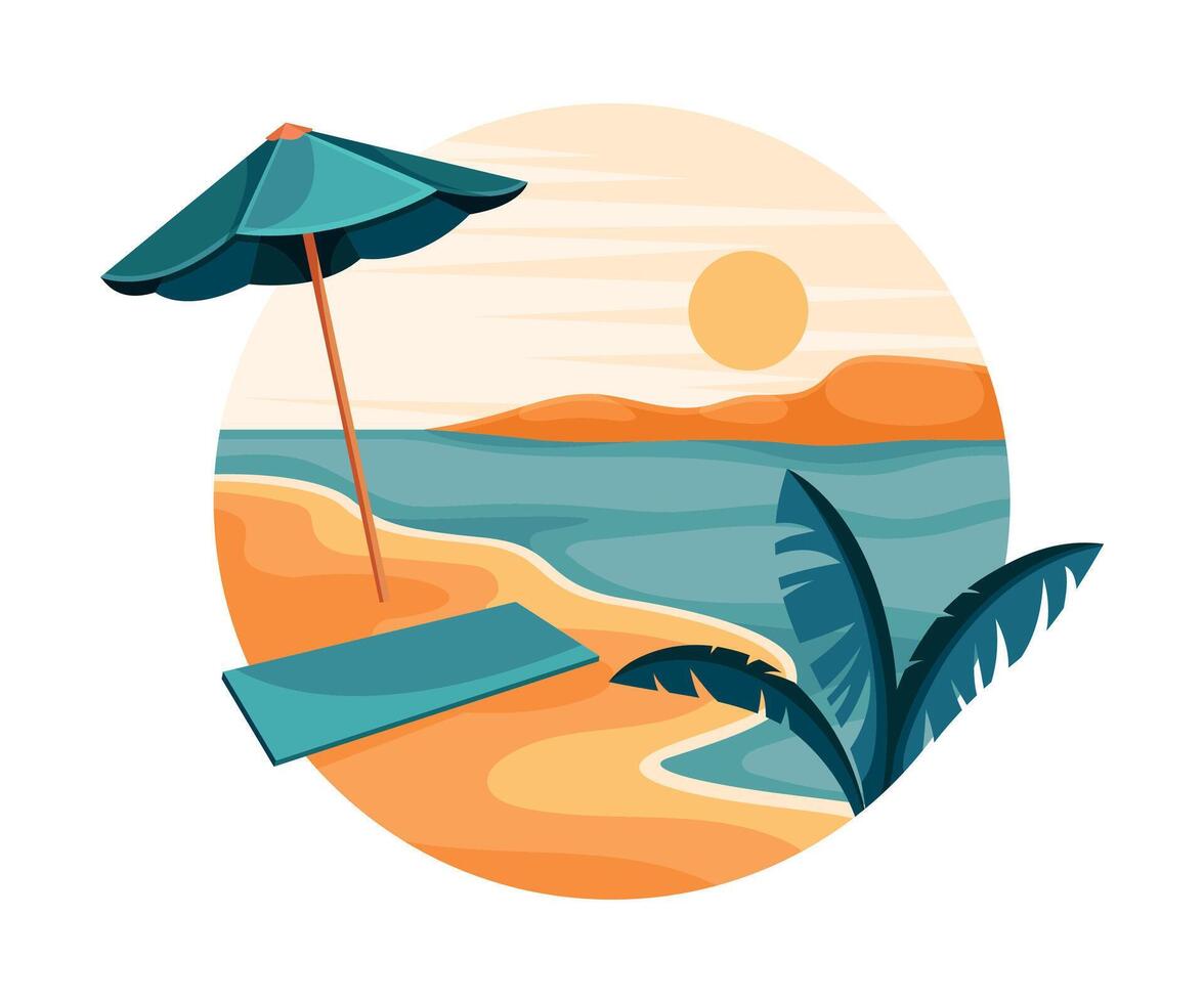 Tropical Landscape with Shining Sun and Sandy Beach with Umbrella Shade in Circle Closeup Illustration vector
