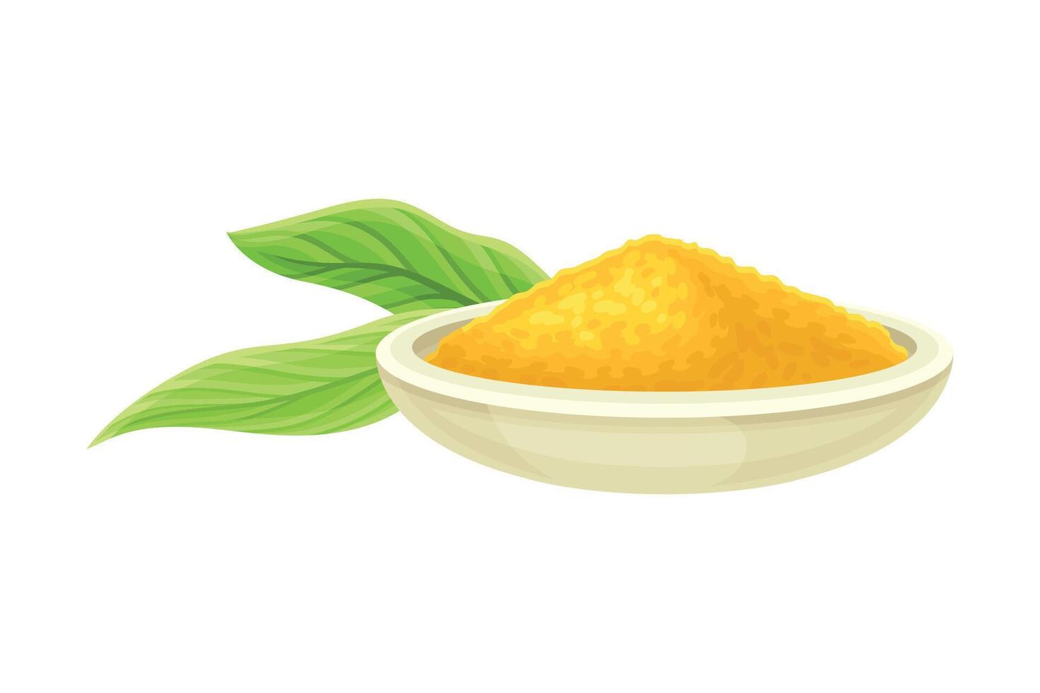 Turmeric or Curcuma Longa Powder Used in Asian Cuisine Piled in Bowl with Green Leaf Nearby Closeup Illustration vector
