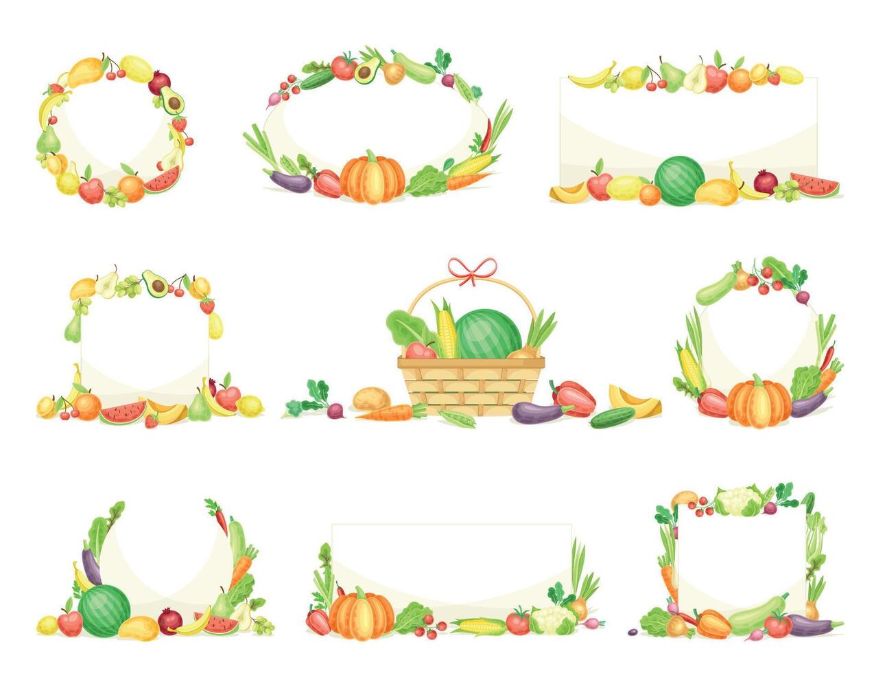Bright Vegetable Frame with Ripe and Fresh Agricultural Cultivar Set vector