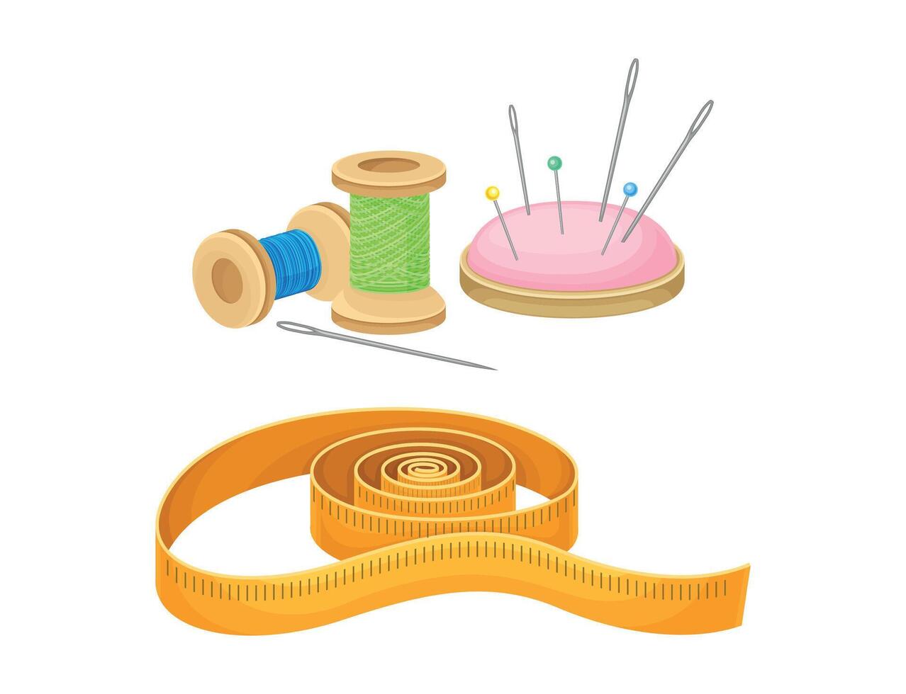 Sewing tools set. Thread bobbins, needles and measuring tape tailoring supplies illustration vector