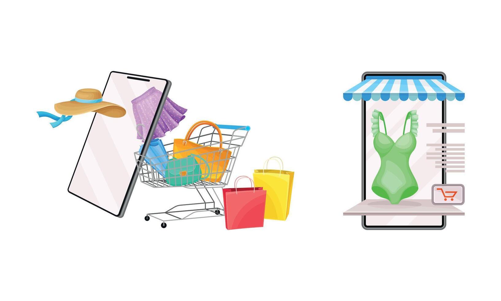 Mobile shopping of clothes with smartphone app set. Online store, electronic commerce concept illustration vector