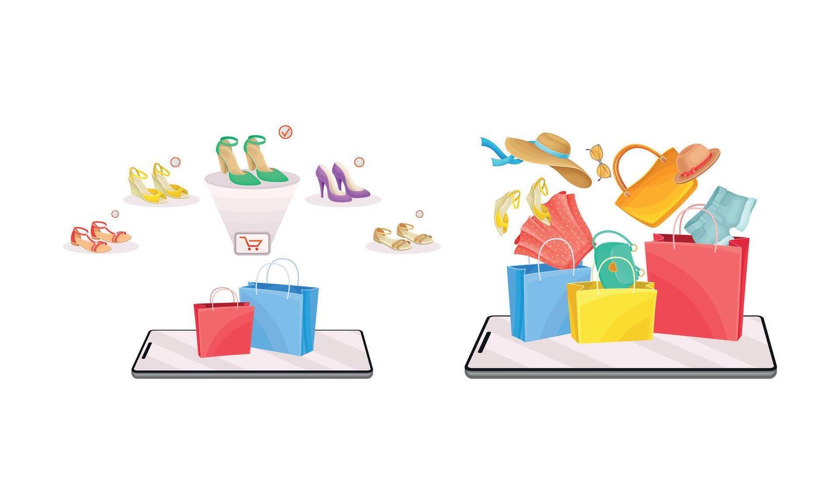 Online ordering of clothes and shoes with smartphone app set. Online store, electronic commerce concept illustration vector