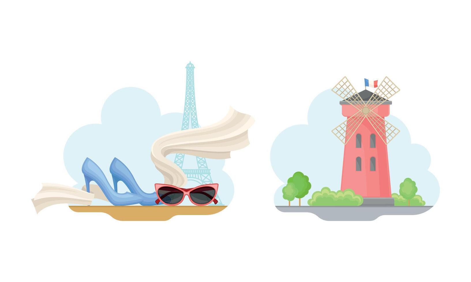 Paris symbols set. Eiffel Tower, fashion, ancient windmill French signs illustration vector