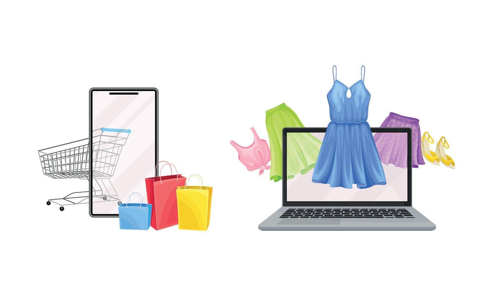 Shopping with smartphone and laptop set. Online store, electronic business commerce concept illustration vector