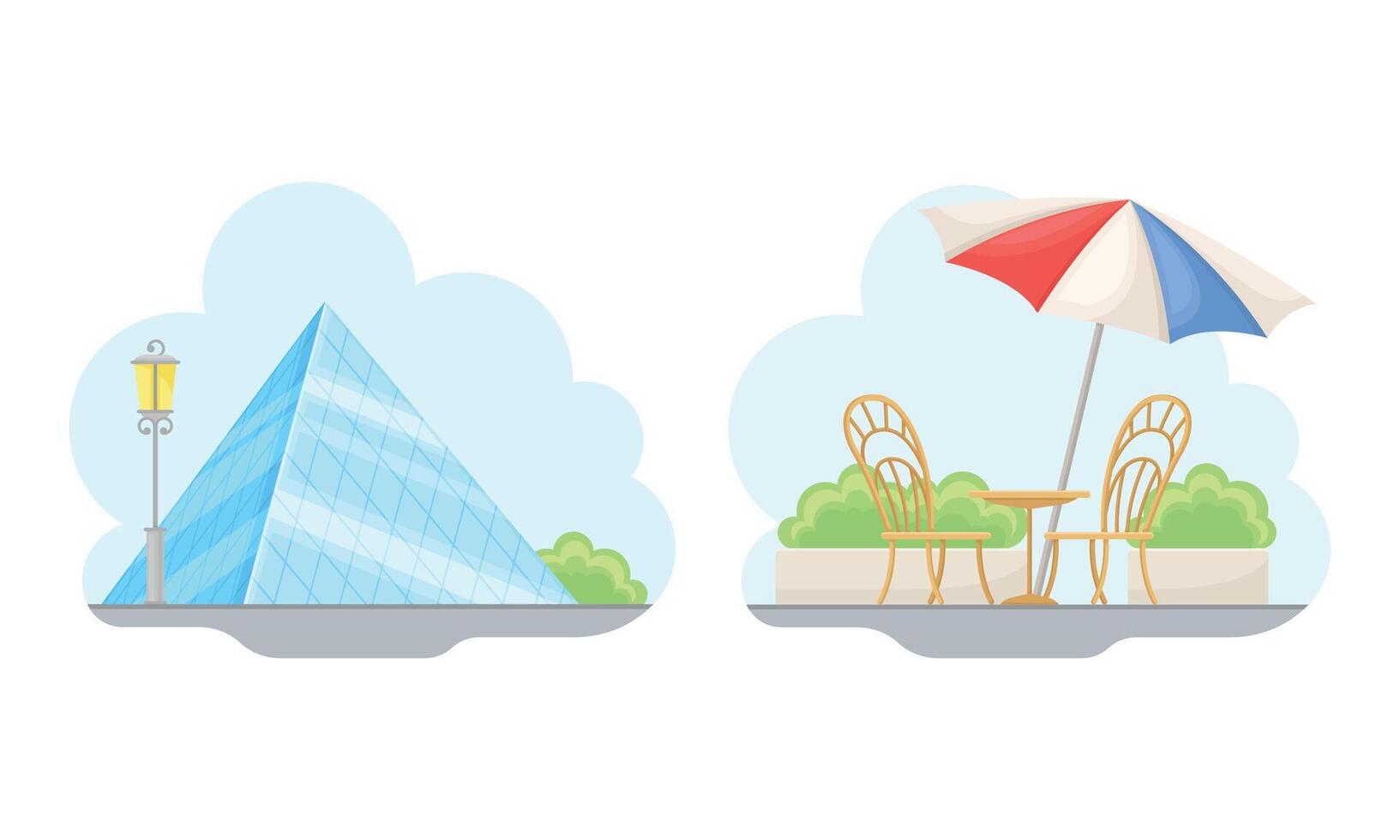 Paris symbols set. Louvre museum and cafe illustration vector