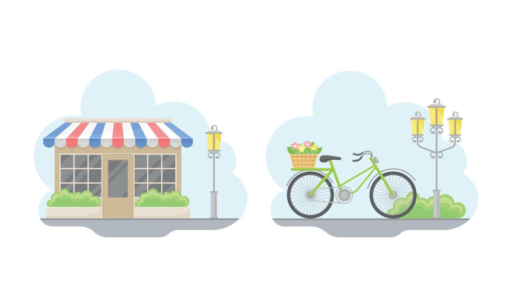 Paris symbols set. Bicycle with basket of flowers and street cafe illustration vector