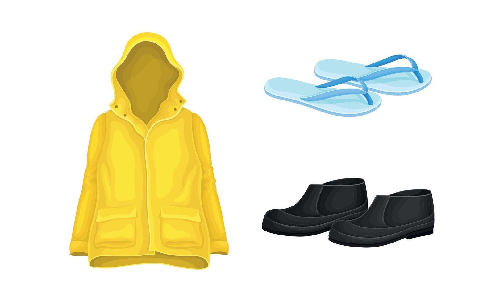 Yellow Raincoat with Hood and Overshoes as Waterproof Protective Wear for Rainy Weather Set vector