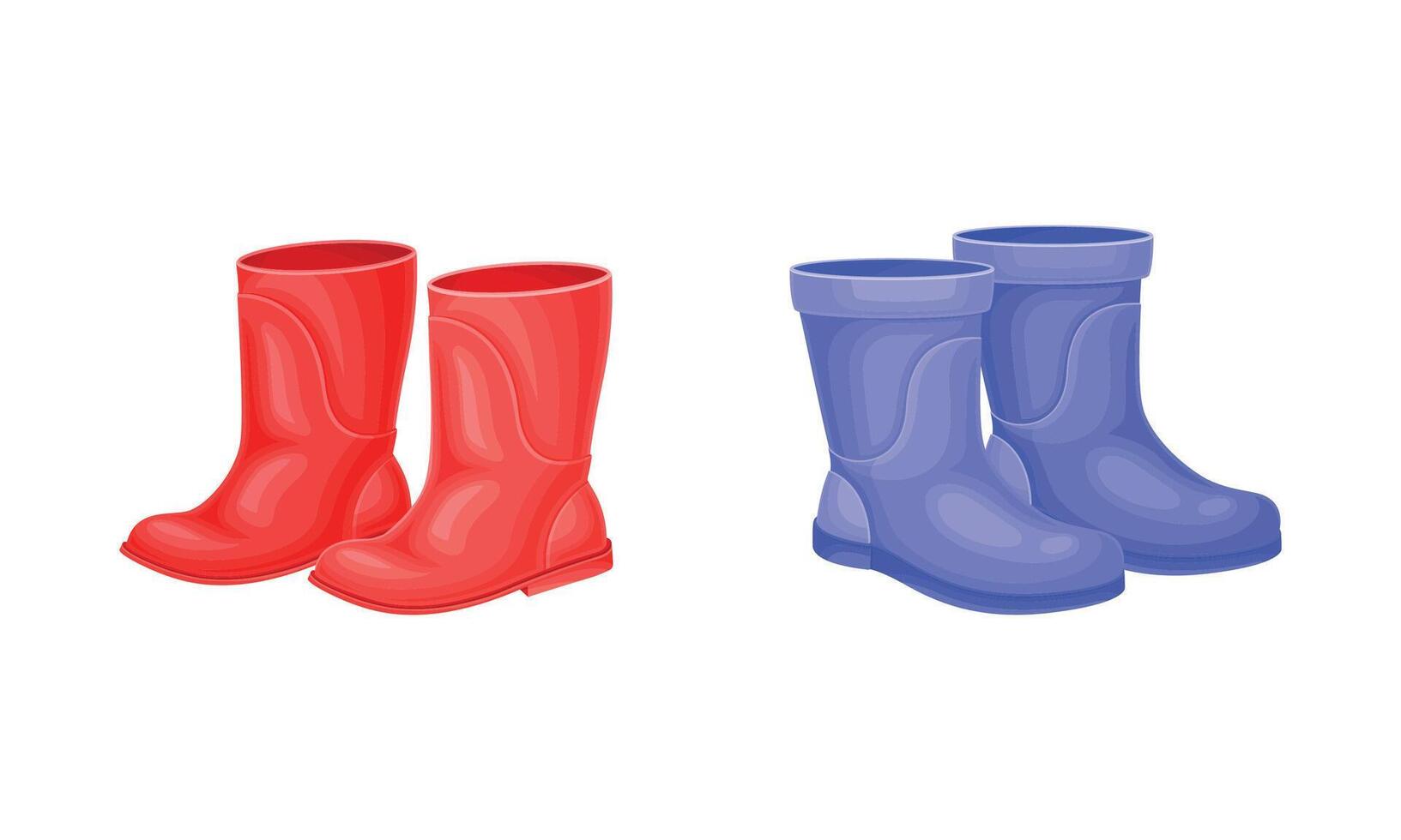 Pair of Red and Blue Rubber Boots for Walking Outside in Rainy Weather Set vector