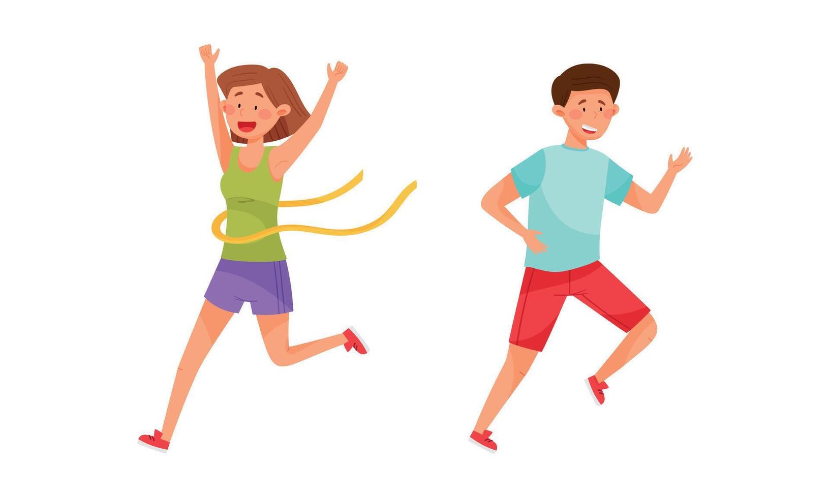 Young Man and Woman in Sportswear Running Marathon Set vector