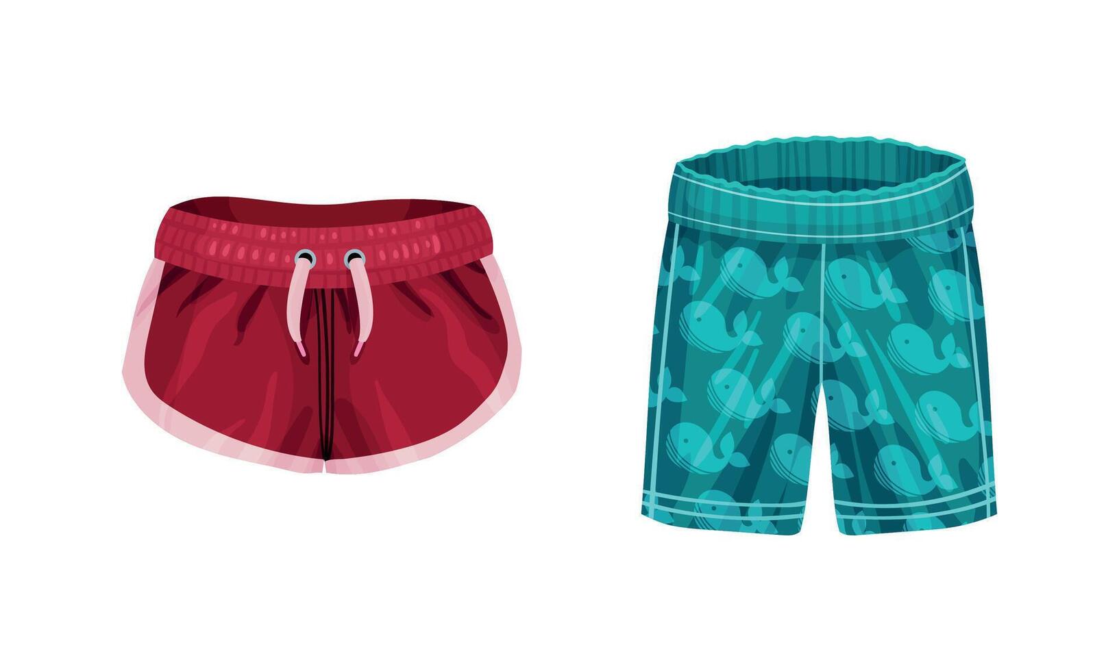 Loose Male Elastic Swim Trunks as Swimsuit for Water Activity Set vector