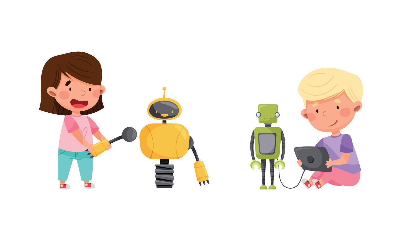 Smiling Little Boy and Girl Engineering and Configurating Robot Set vector