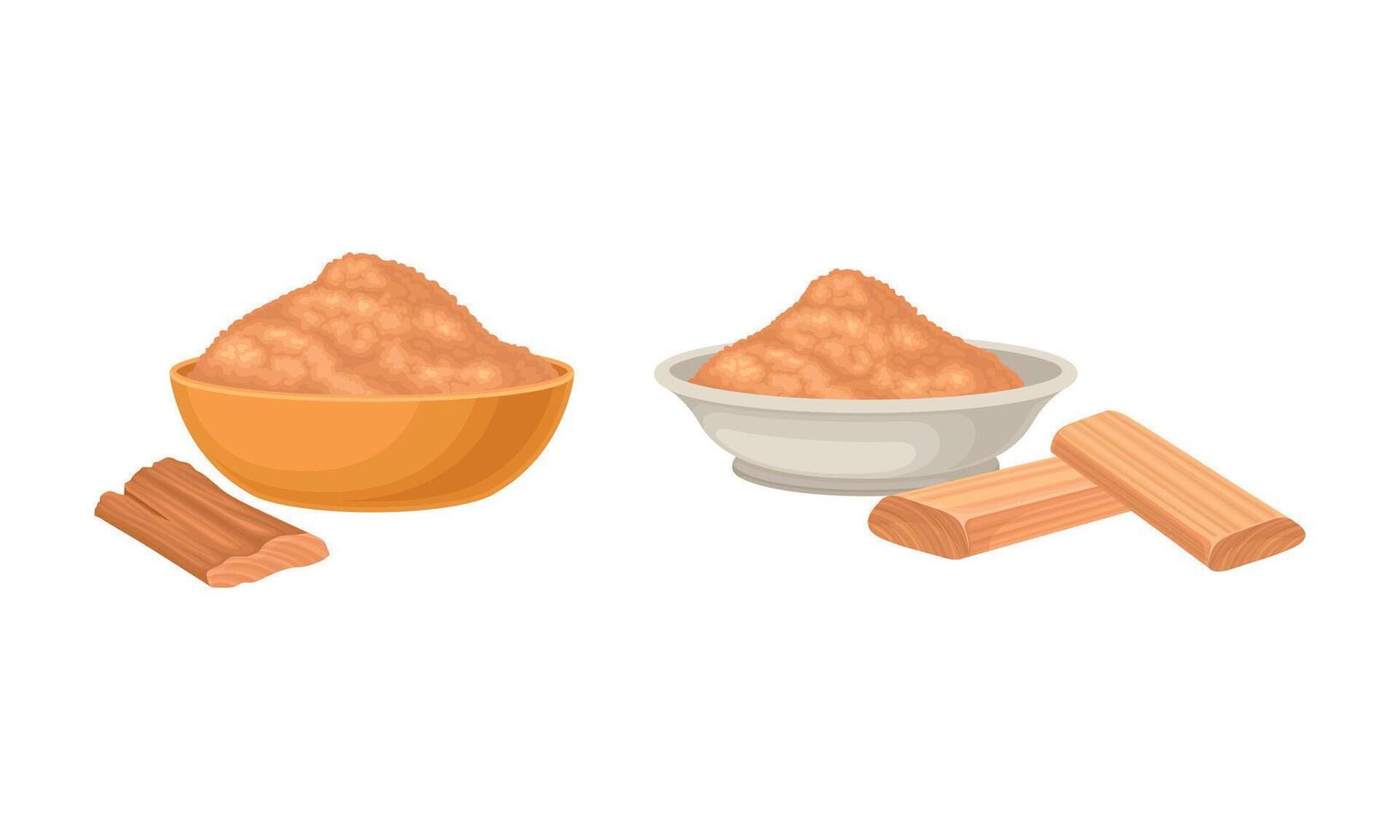 Powdered Sandalwood Poured in Bowl with Chip Rested Nearby Isolated on White Background Set vector
