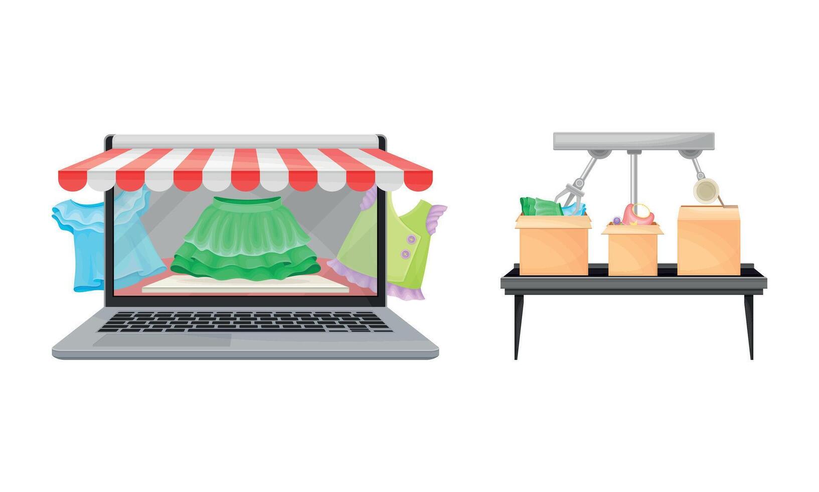 Laptop with Online Store and Package Batching as Shopping Logistics and Order Delivery Set vector