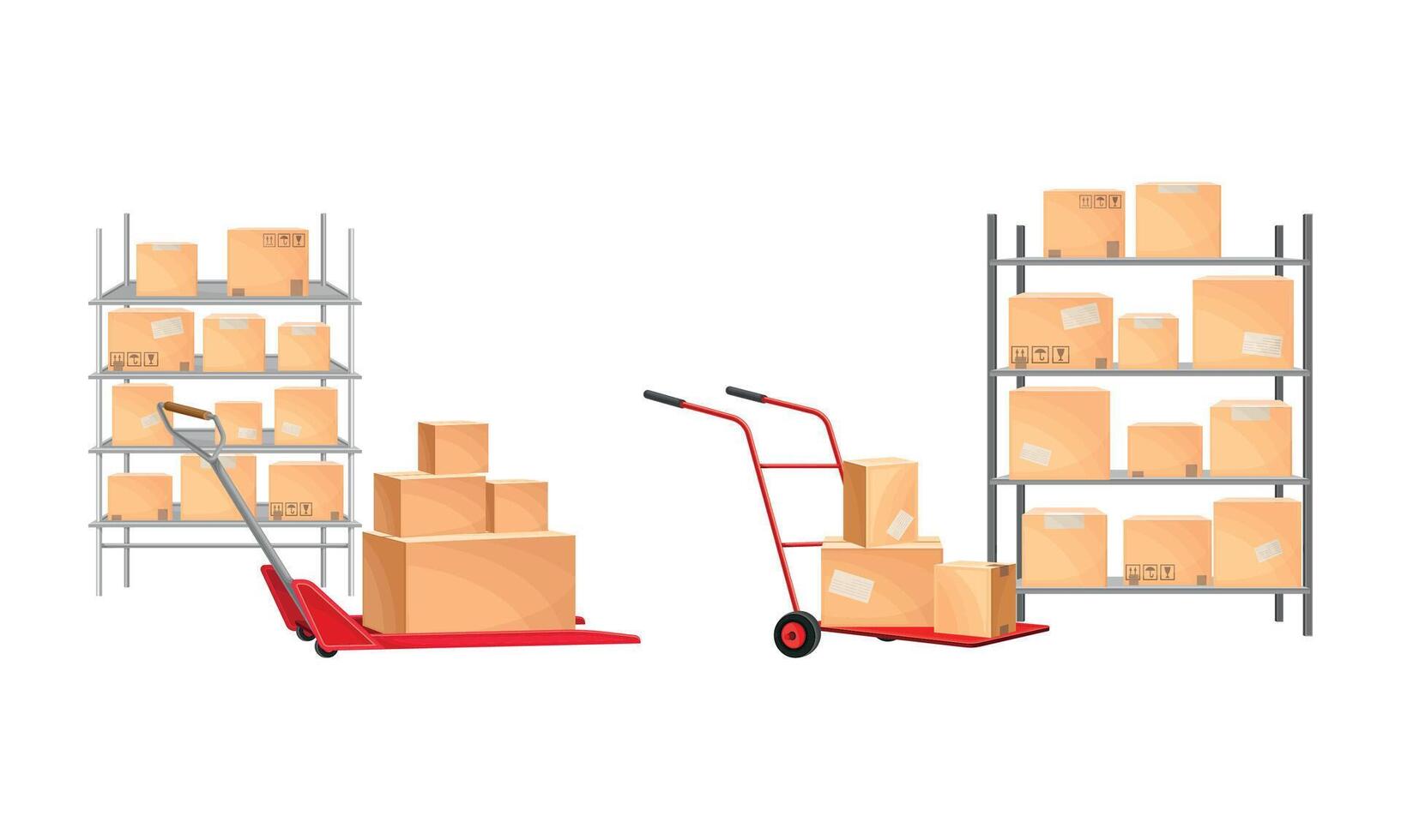 Cardboard Boxes Rested on Hand Cart and Shelf in Warehouse Set vector