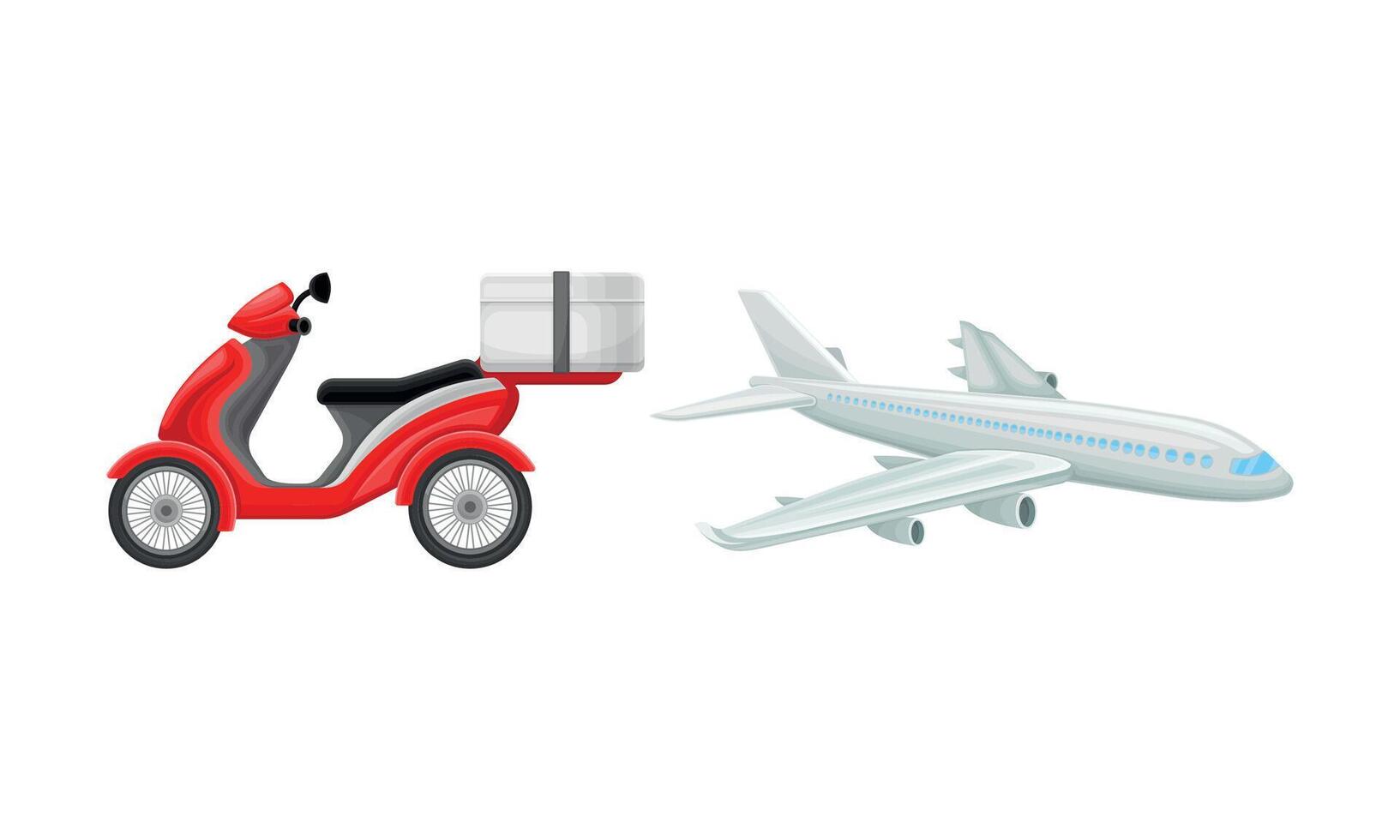 Scooter with Parcel and Plane as Shopping Logistics and Order Delivery Set vector