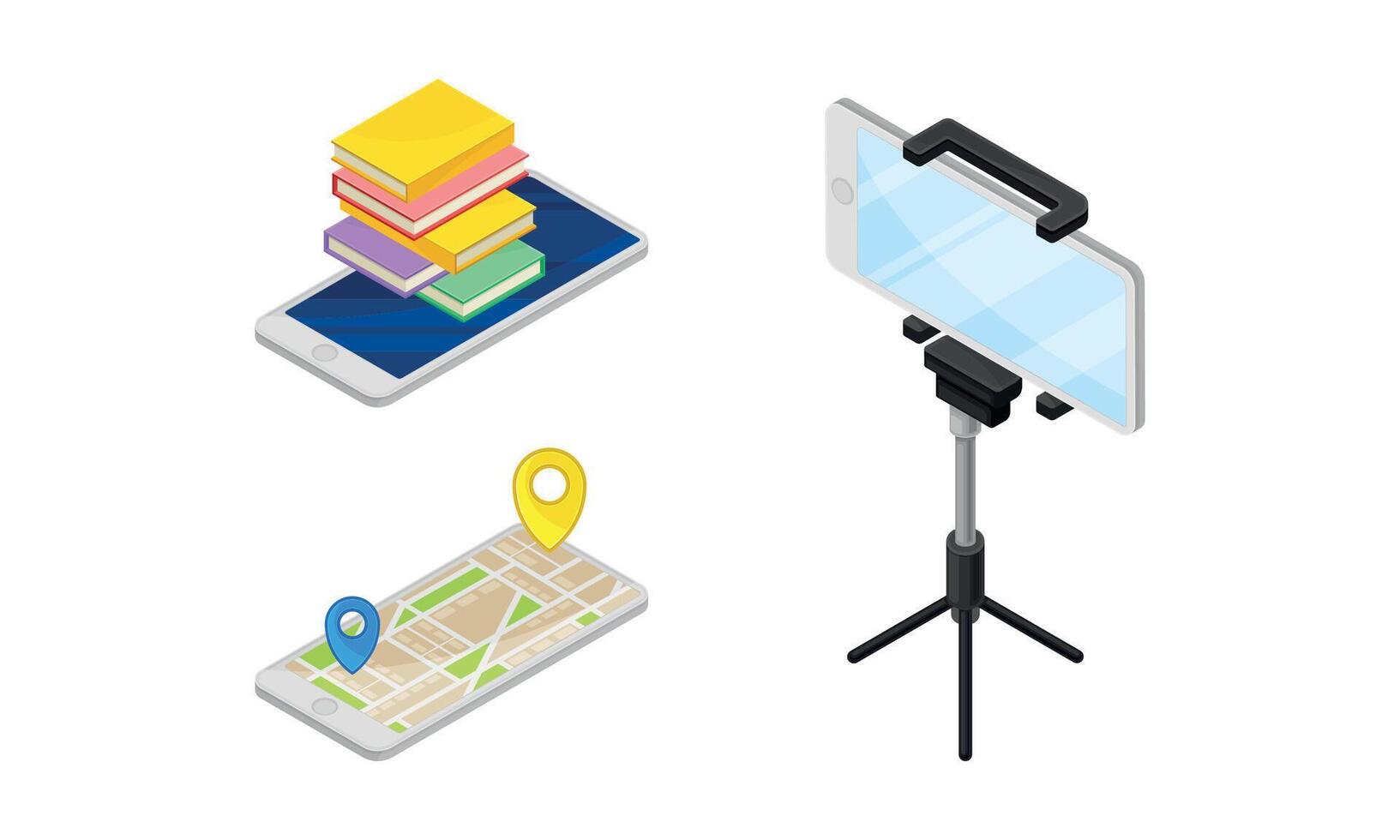 Smartphone Software with Online Navigation App Showing Route and Filming with Tripod Isometric Set vector