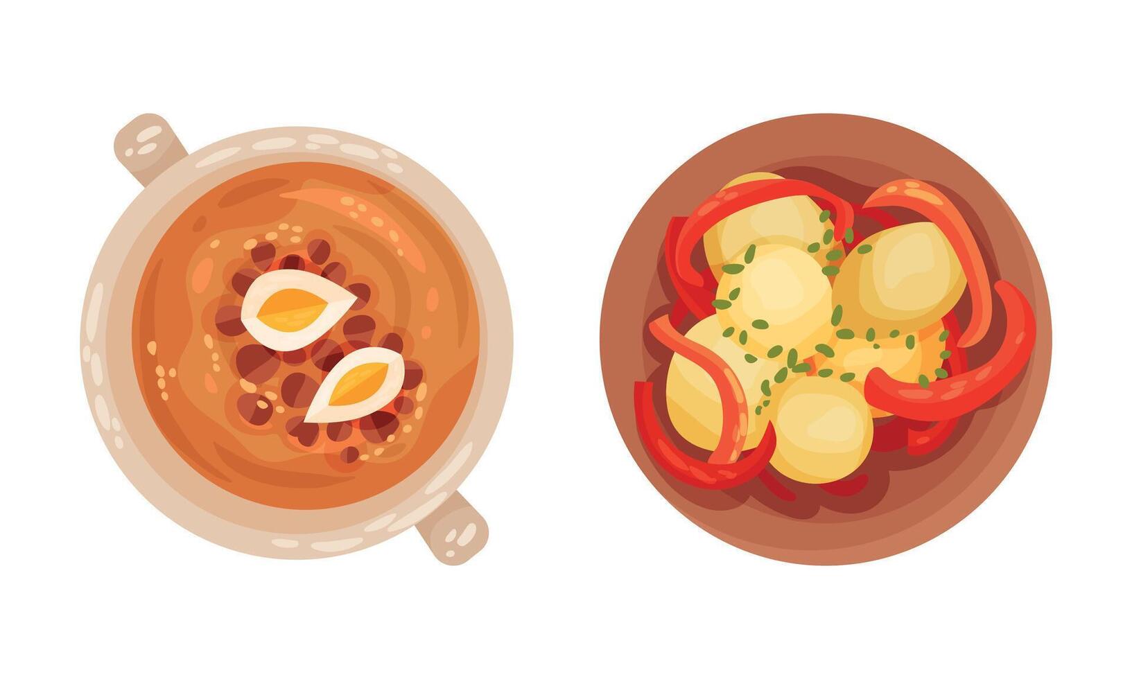 Broth in Bowl and Potato as Served Spanish Cuisine Dish Above View Set vector