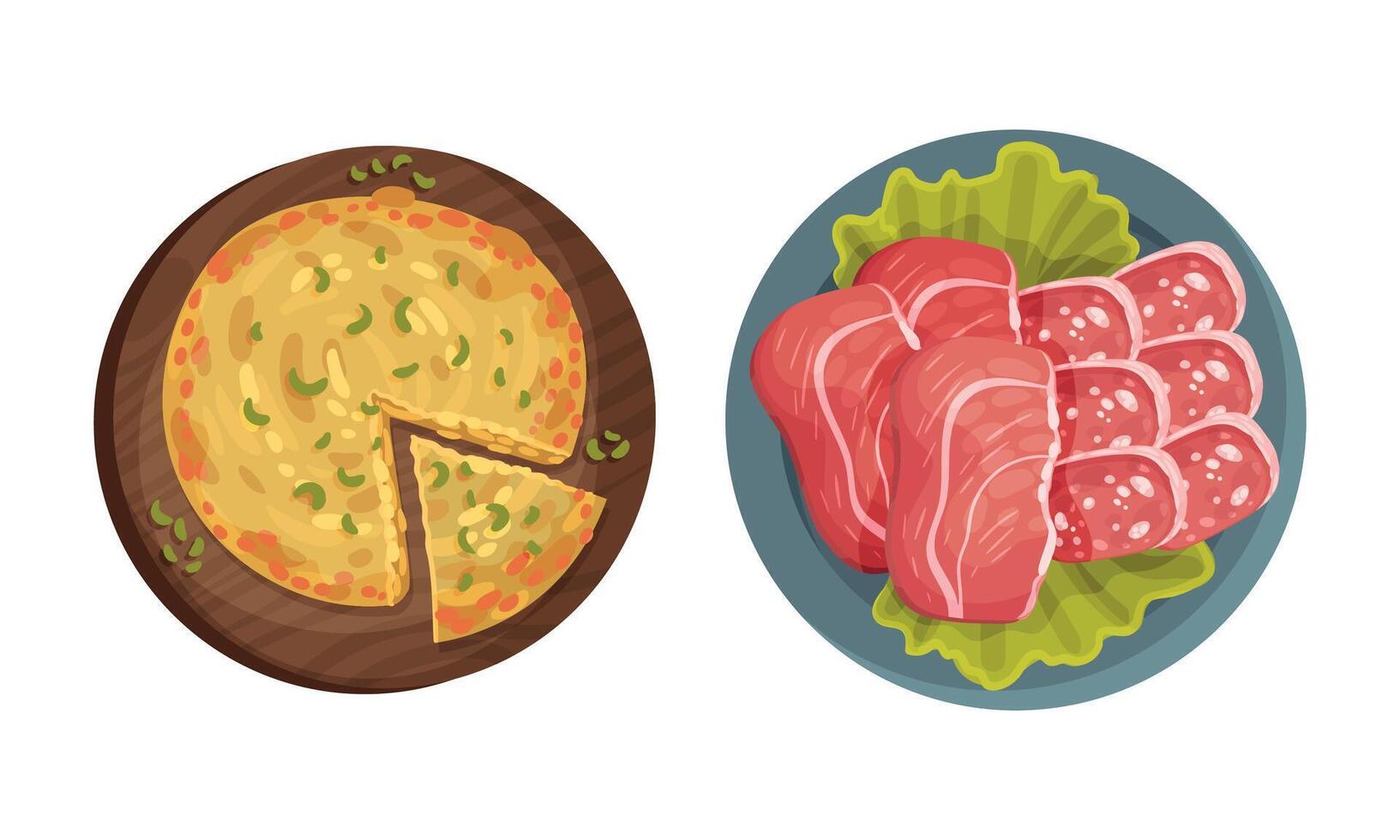 Savory Pie and Cold Meat Slices on Plate with Lettuce Leaf as Served Spanish Cuisine Dish Above View Set vector