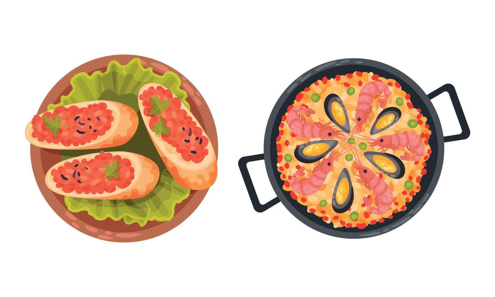 Paella with Seafood and Sandwiches with Forcemeat as Served Spanish Cuisine Dish Above View Set vector