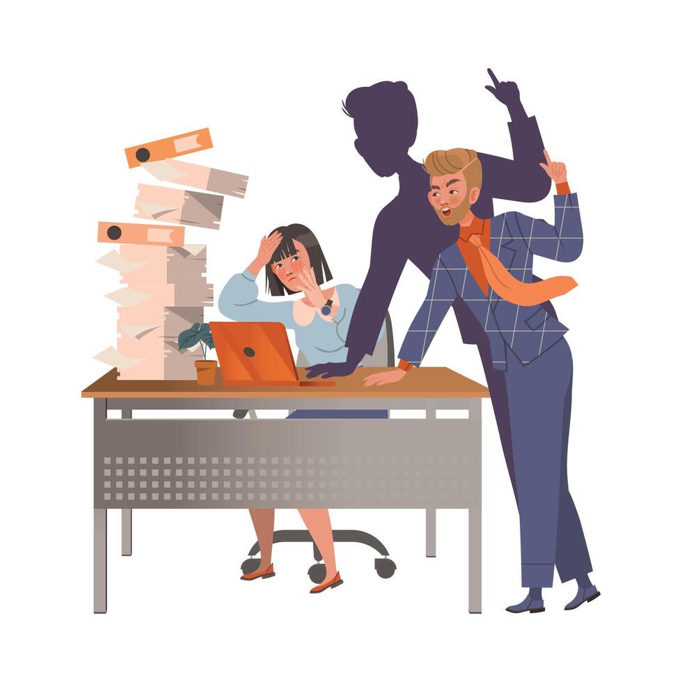 Angry boss yelling at overloaded employee. Evil chief and stressed staff illustration vector
