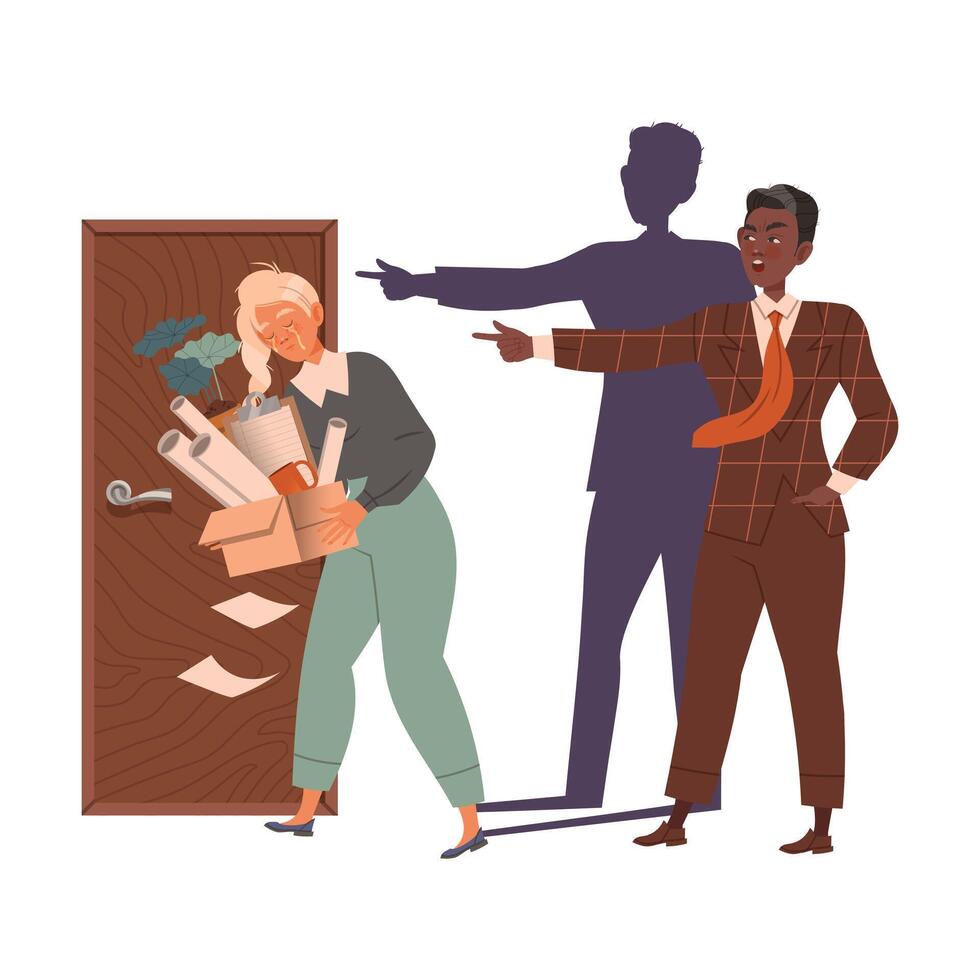 Angry chief firing crying employee. Evil boss and stressed staff illustration vector