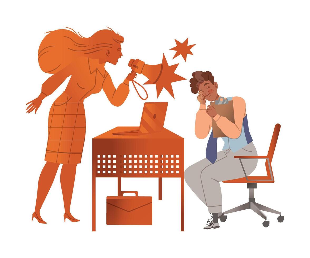 Angry woman boss yelling at scared secretary. Evil boss and stressed staff illustration vector