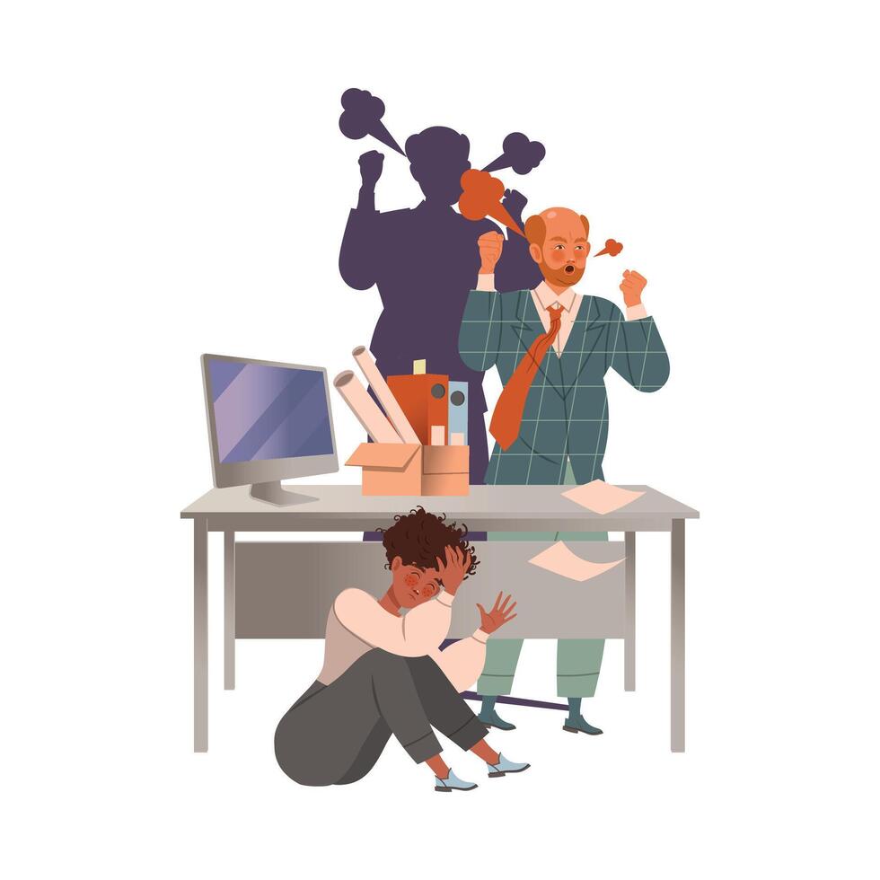 Angry boss yelling at scared employee hiding under table. Evil boss and stressed staff concept illustration vector