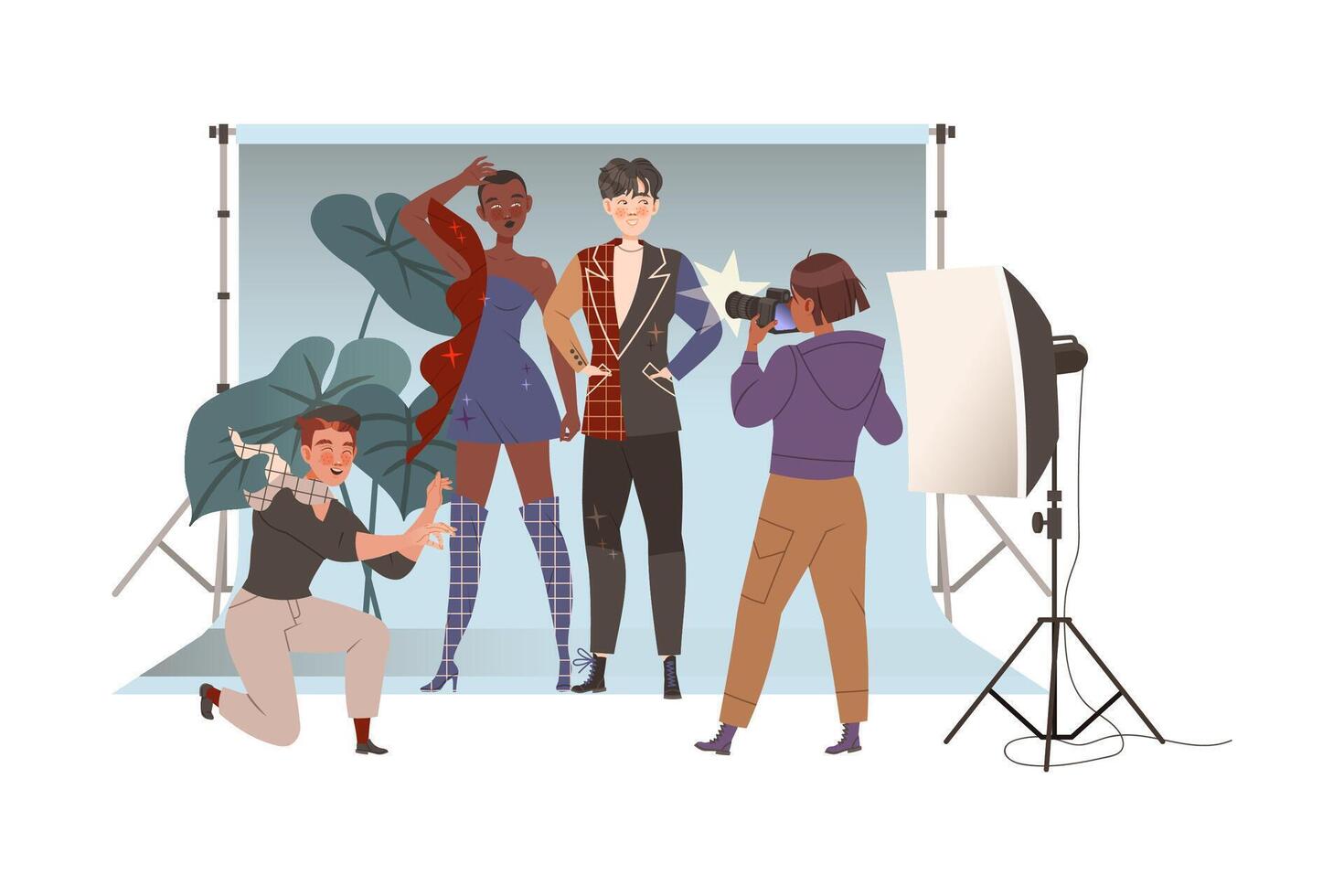 Man Fashion Designer or Tailor Fitting Clothing Garment of Model Posing for Camera Illustration vector