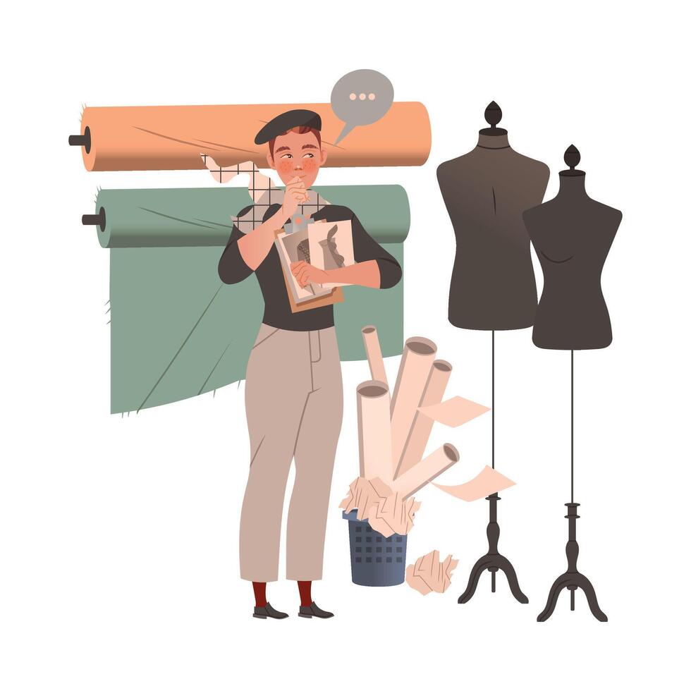 Man Fashion Designer or Tailor Holding Sketch Paper of Clothing Garment Model Standing Near Mannequin Illustration. vector