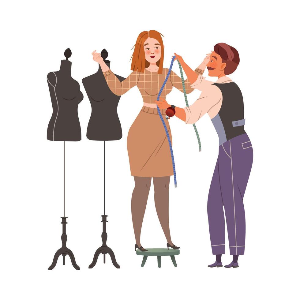 Man Fashion Designer or Tailor Taking Measurements of Woman for Clothing Garment Model Illustration vector