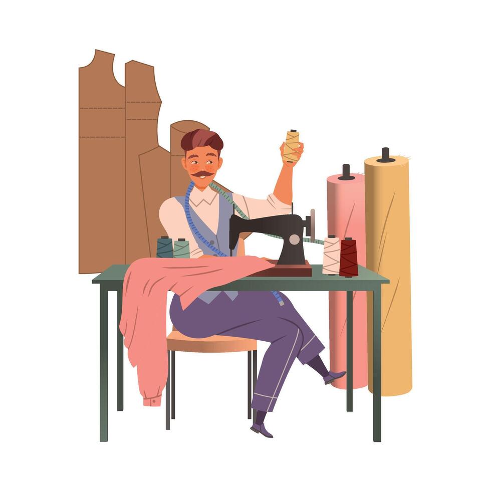 Man Fashion Designer or Tailor Working at Sewing Machine Making Clothing Garment Illustration vector