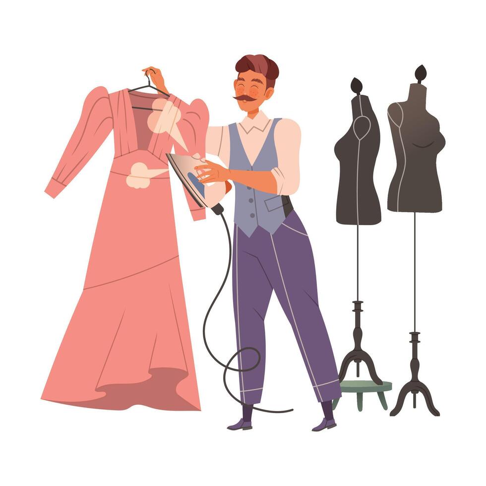 Moustached Man Fashion Designer or Tailor Steaming Dress with Iron Standing Near Mannequin Illustration vector