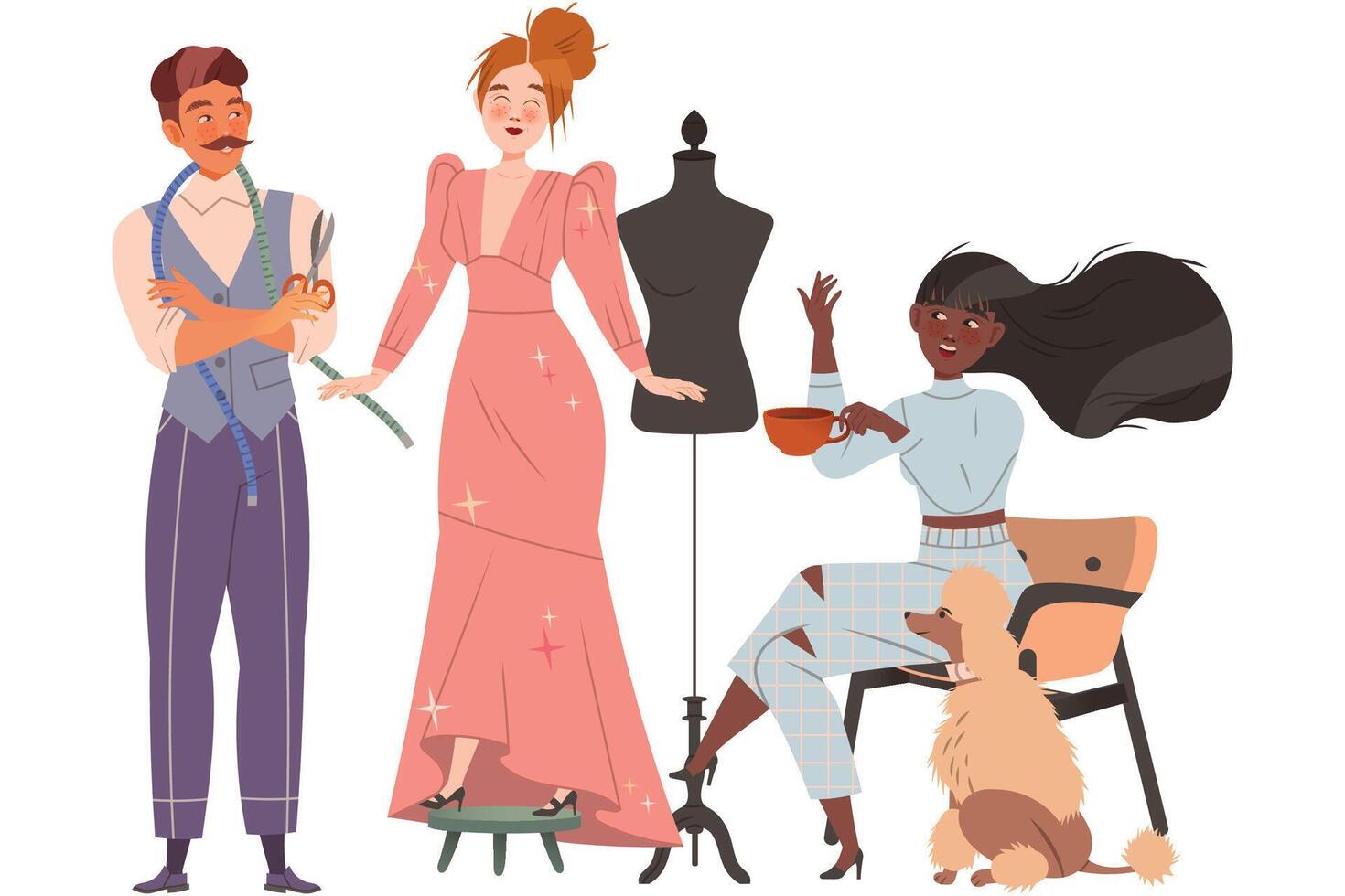 Young Woman with Friend at Fashion Designer or Tailor Studio Fitting Dress Illustration vector