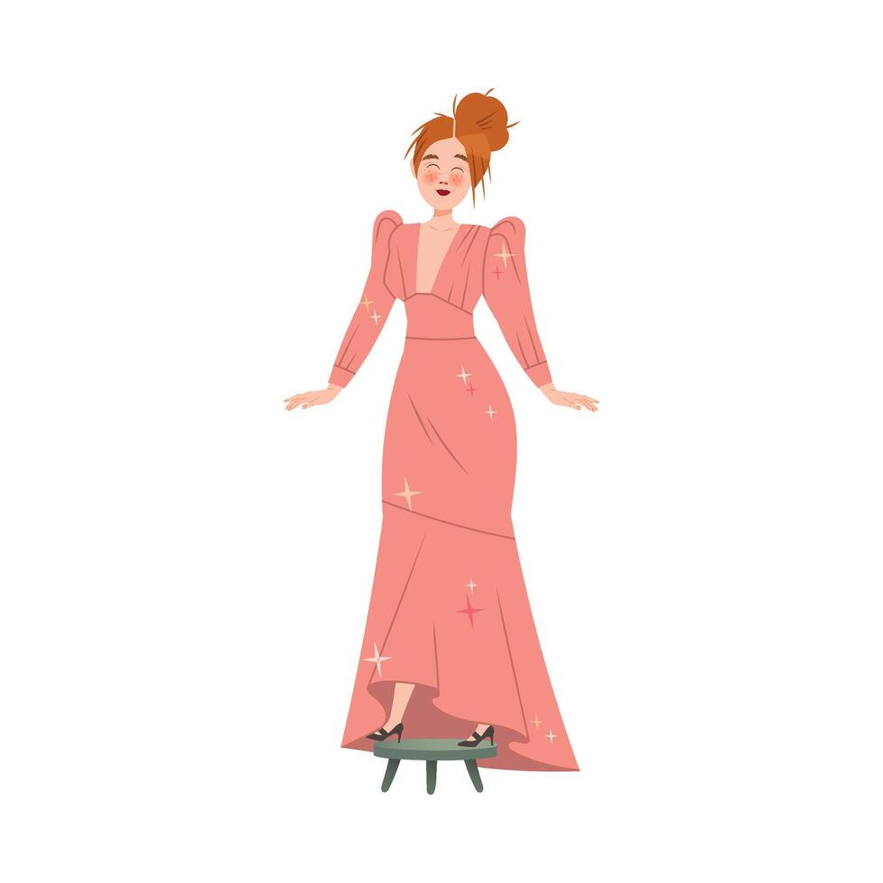 Young Woman Character Fitting Long Dress in Atelier or Tailor Studio Illustration vector