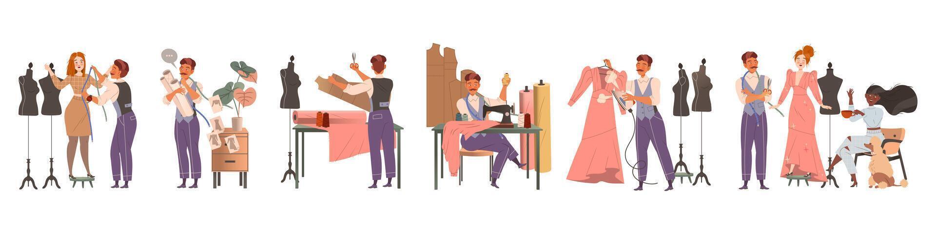 Man Fashion Designer or Tailor Taking Measurements and Sewing Clothing Garment Model Set vector