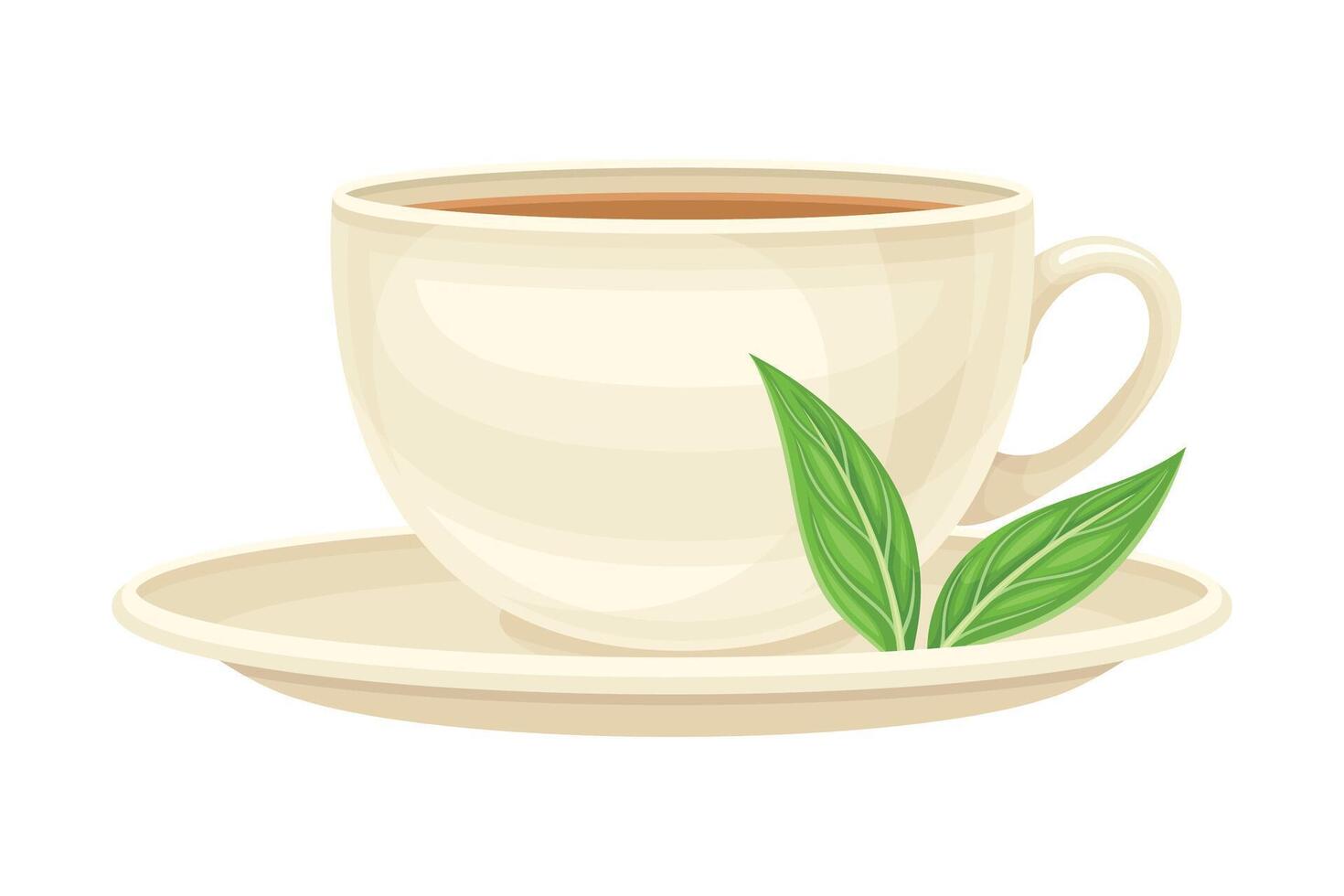 Tea Cup on Saucer with Hot Aromatic Beverage Poured with Boiling Water for Brewing Closeup Illustration vector