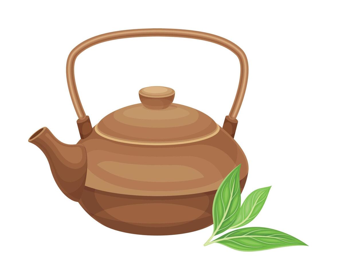 Tea Brewing in Ceramic Brown Teapot or Kettle with Spout as Hot Aromatic Beverage Preparation Closeup Illustration vector