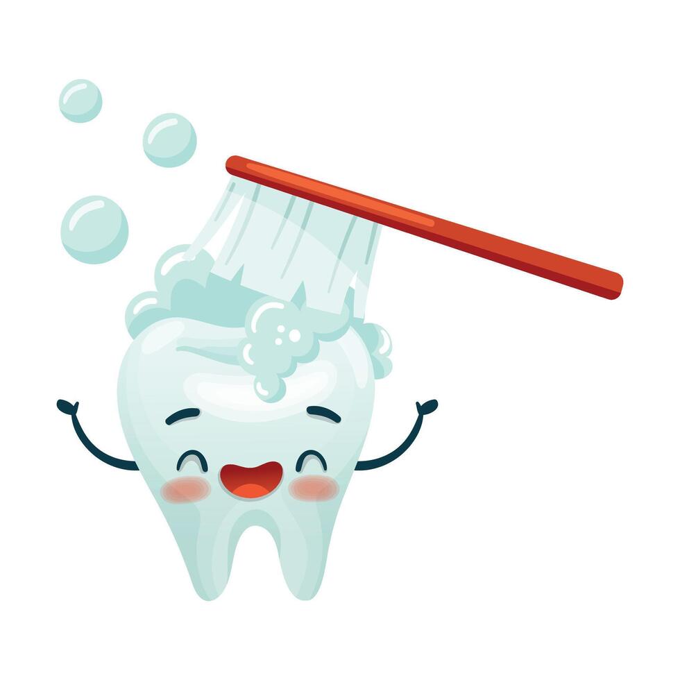 Cute happy tooth cleaning with toothbrush and toothpaste. Oral care, mouth hygiene, teeth restoration concept cartoon illustration vector