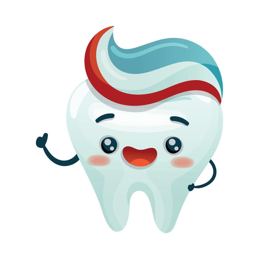 Cute happy tooth character with toothpaste. Oral care, mouth hygiene, teeth restoration concept cartoon illustration vector