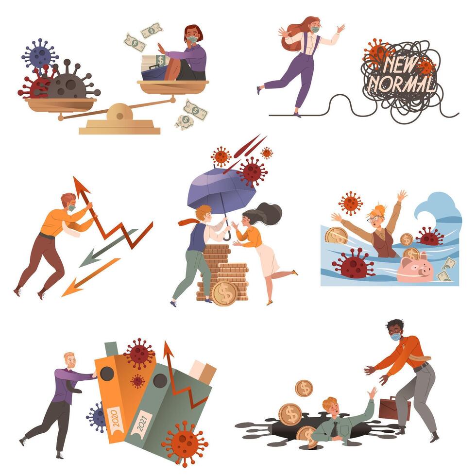 Entrepreneurship resisting of losing profits and overcoming crisis caused by Coronavirus pandemic set illustration vector