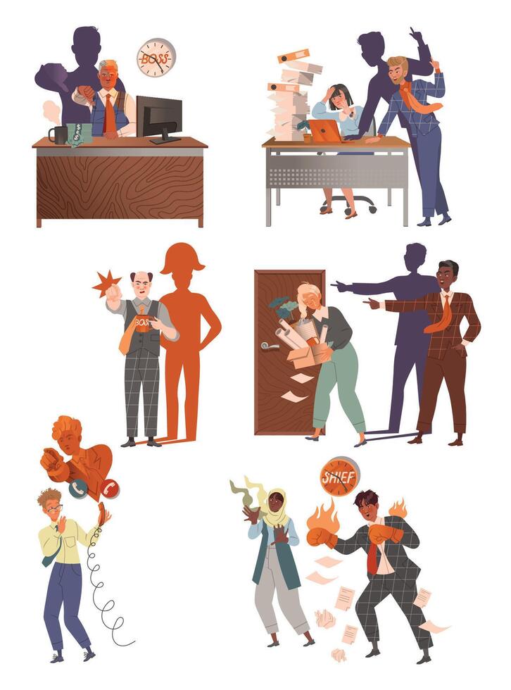 Angry boss yelling at scared employees set. Evil boss and stressed staff illustration vector