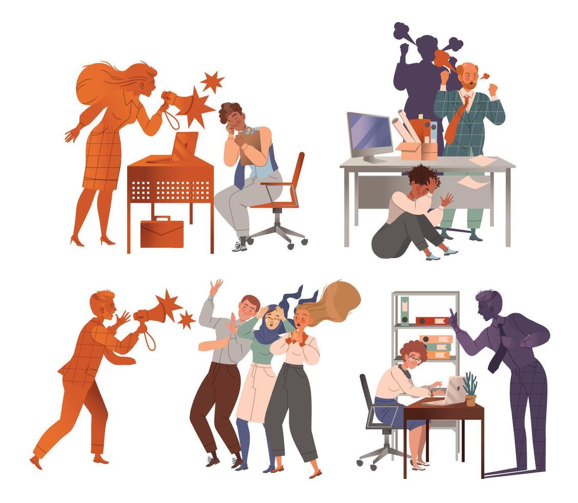 Angry chiefs yelling at employees set. Evil boss and stressed staff illustration vector