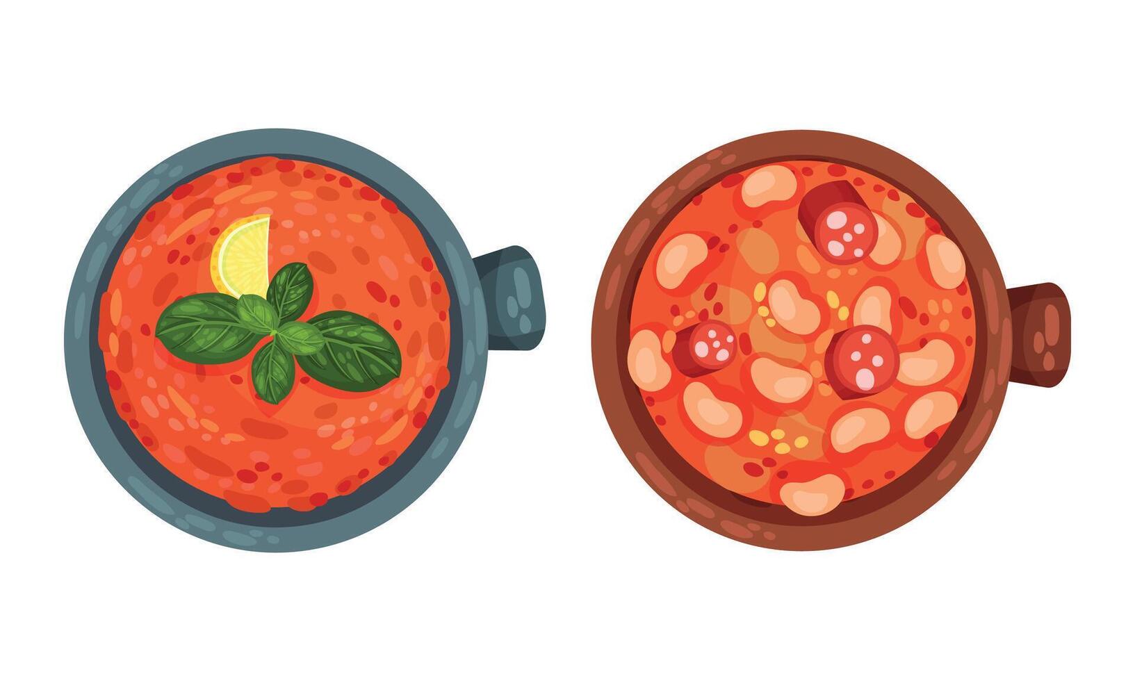 Gazpacho or Cold Soup and Stew of Beans as Served Spanish Cuisine Dish Above View Set vector