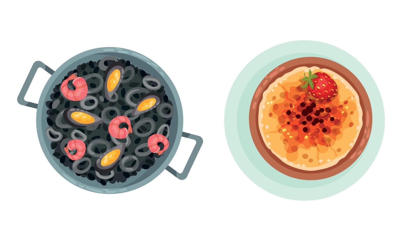 Paella with Seafood and Flan Pudding as Served Spanish Cuisine Dish Above View Set vector