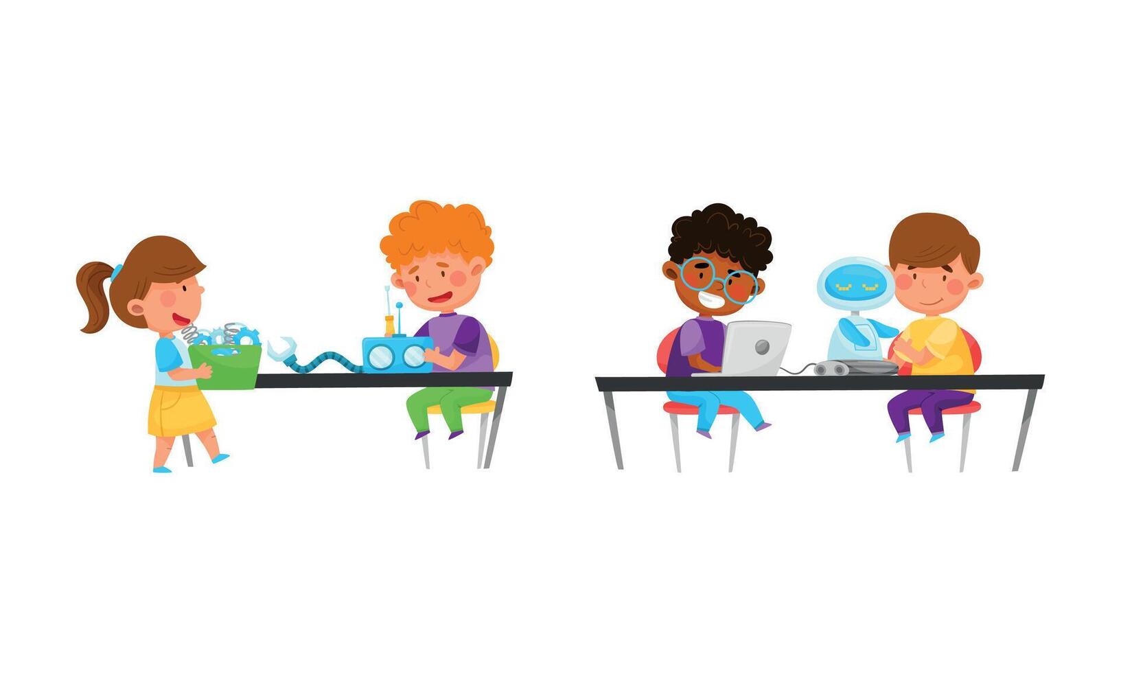 Little Boy and Girl at Table Engineering and Configurating Robot Set vector