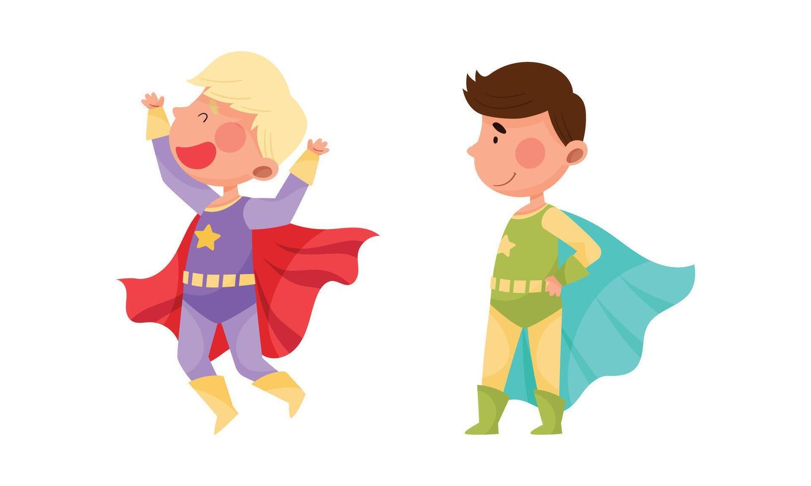 Cute Boy Wearing Superhero Costume Pretending to Have Super Power Set vector