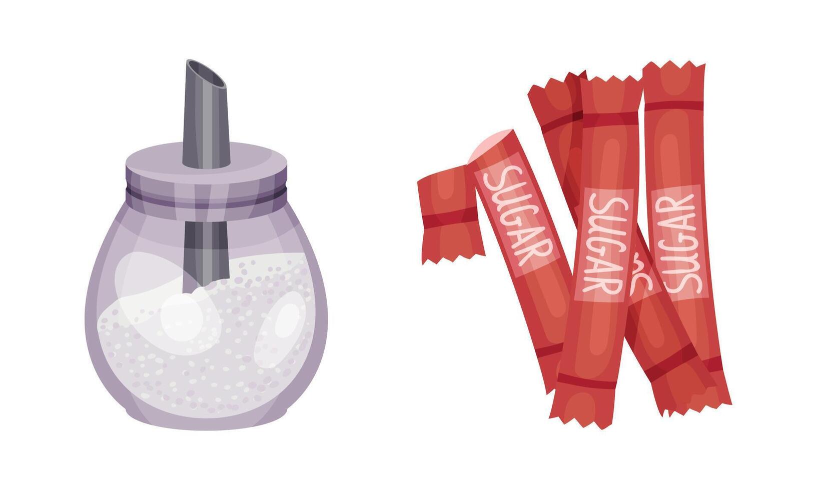 Refined White Sugar in Glass Container and Package as Sweetener for Food and Drink Set vector