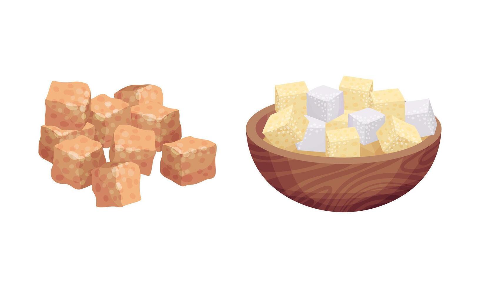 Pile of White and Brown Sugar Cubes as Sweetener for Tea and Coffee Set. vector